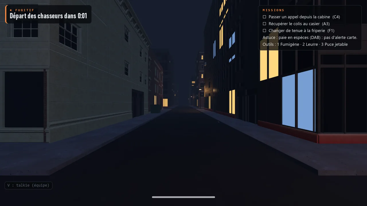 Vue du fugitif : une rue de nuit, la liste des missions en haut à droite